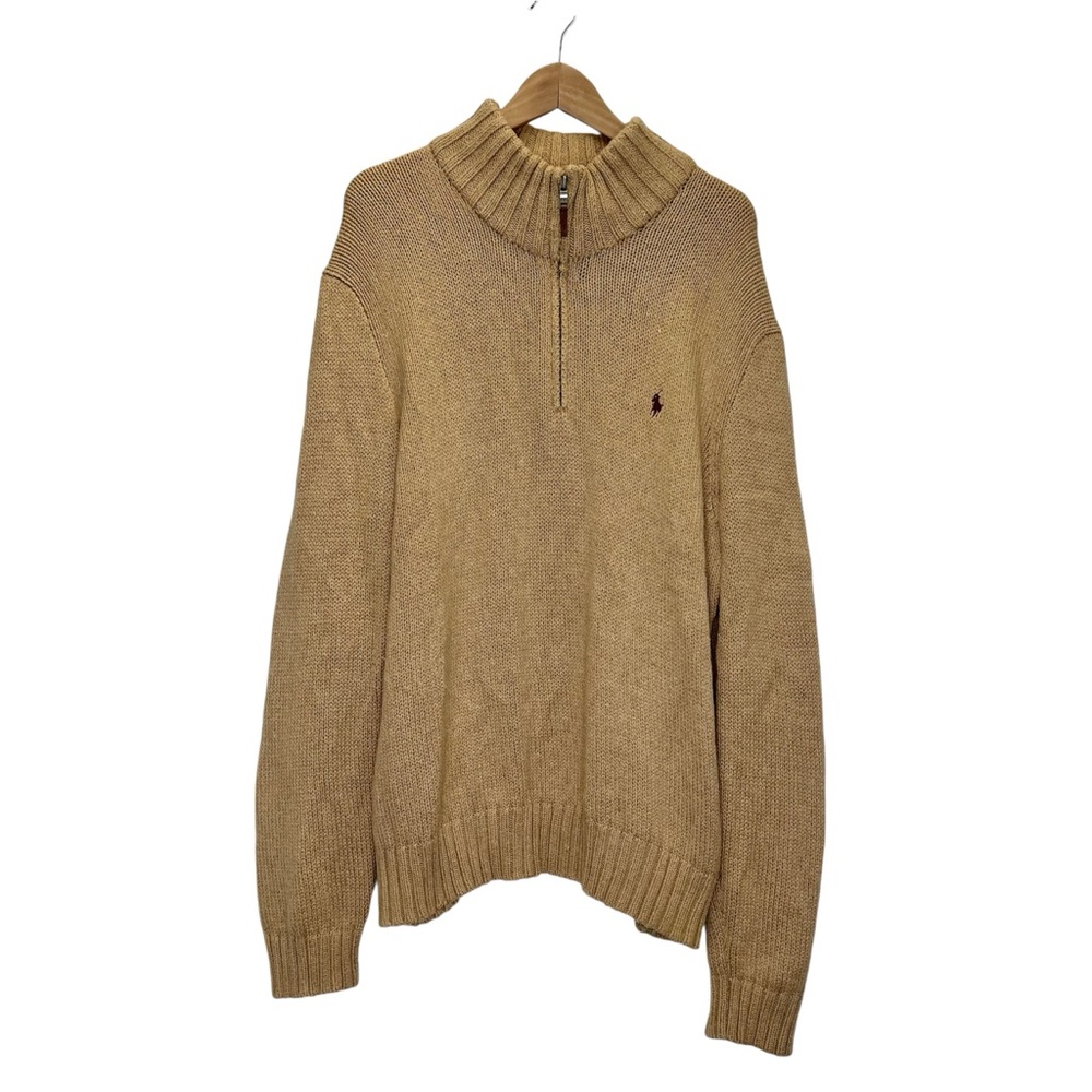 Vintage Polo Ralph Lauren 1/4 Zip Tan Knit Sweater XL Pullover Mock Turtleneck